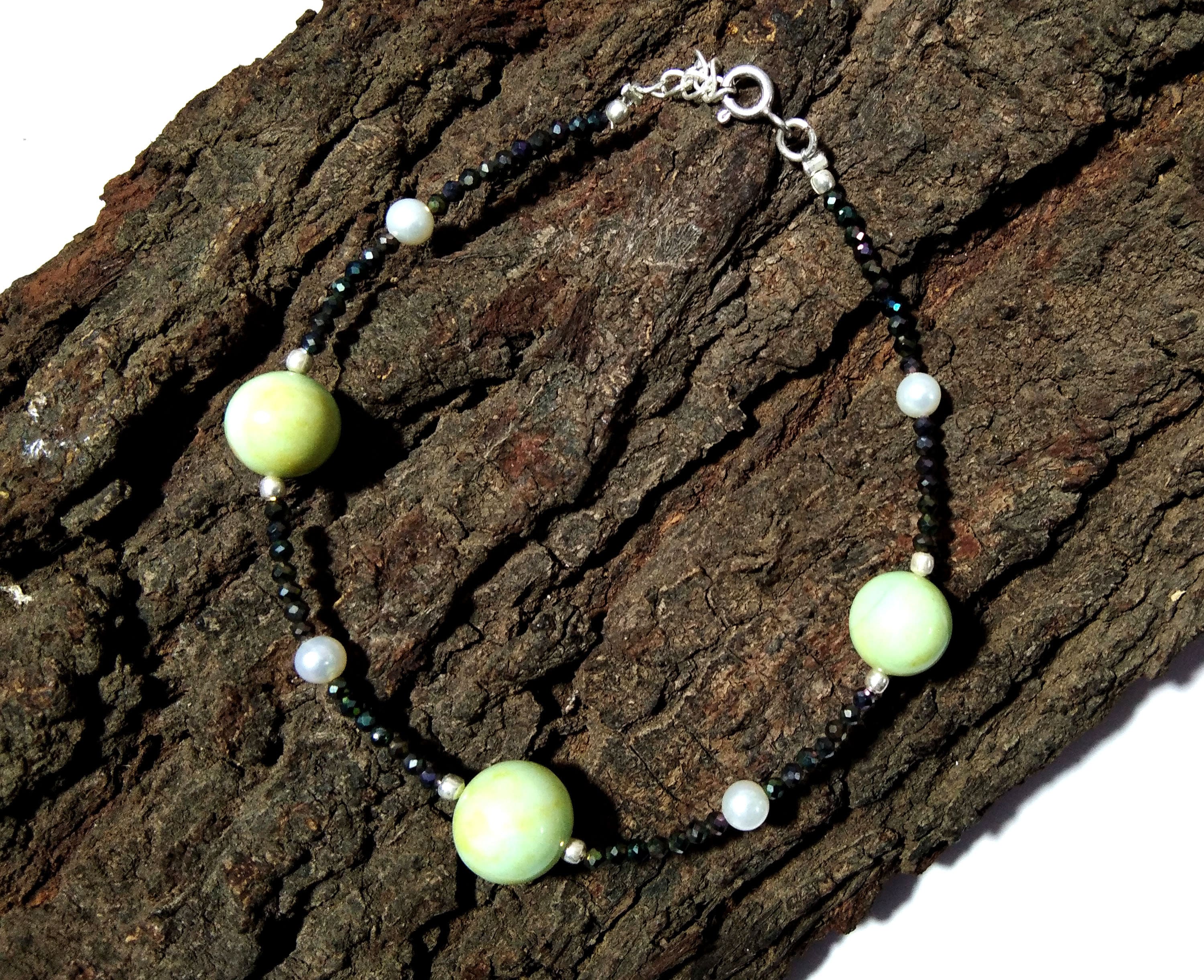 20% Off !!! Green Opal & Black Spinel With 925 Silver Bracelet, May August Birthstone, Healing Stone, Skinny Stacking Gemstone Bracelet Gift